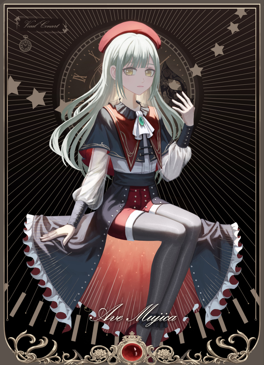 1girl ascot bang_dream! bang_dream!_it's_mygo!!!!! black_background black_capelet black_pantyhose black_skirt capelet chinese_commentary clock commentary_request cursive english_text expressionless full_body green_brooch green_hair hat highres holding holding_mask long_hair long_sleeves looking_at_viewer mask pantyhose red_footwear red_hat red_shorts shirt shorts skirt solo star_(symbol) wakaba_mutsumi white_ascot white_shirt xukong yellow_eyes