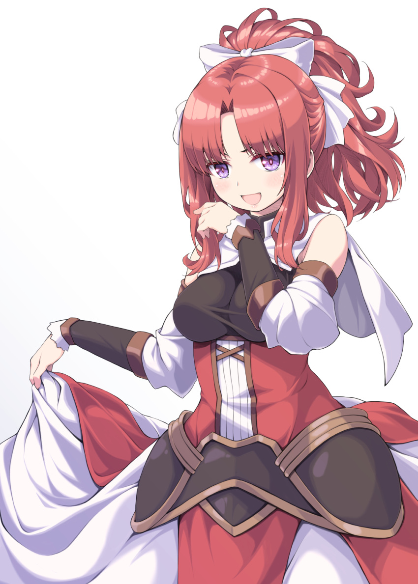 akino_(princess_connect!) bow breasts clothes_lift detached_sleeves hair_bow highres hip_armor parted_bangs ponytail princess_connect! redhead ribucci skirt skirt_lift violet_eyes white_bow