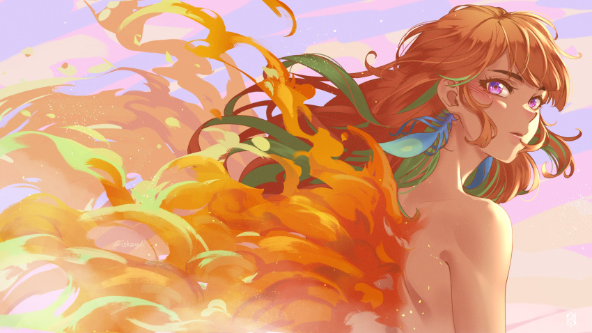 1girl absurdres bare_shoulders earrings feather_earrings feathers fire from_behind highres hololive hololive_english iskaydi jewelry long_hair looking_at_viewer looking_back multicolored_hair orange_hair solo takanashi_kiara violet_eyes virtual_youtuber