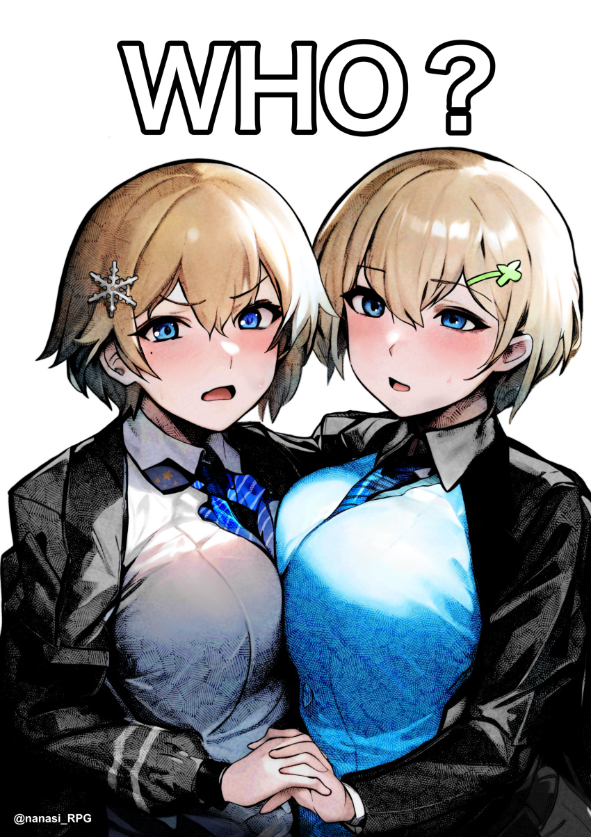 2girls absurdres ash_arms black_jacket blonde_hair blue_cardigan blue_eyes blue_necktie blue_sweater_vest blush breasts cardigan commentary commentary_request crossover english_text girls_frontline hair_ornament highres holding_hands jacket look-alike looking_at_viewer m18_hellcat_(ash_arms) meimushi mole mole_under_eye multiple_girls necktie open_mouth shirt short_hair simple_background snowflake_hair_ornament sweater_vest twitter_username vsk-94_(girls'_frontline) white_background white_shirt