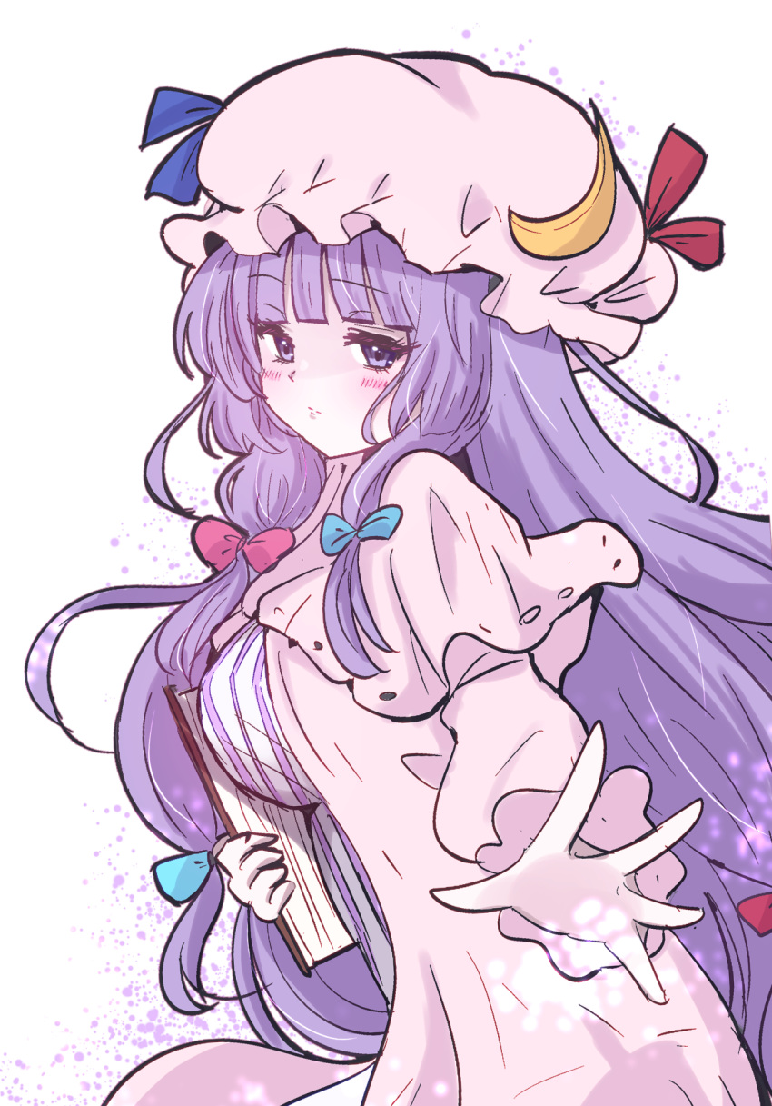 1girl blue_bow blush book bow breasts closed_mouth crescent crescent_hat_ornament dress frilled_dress frills giorgio_(yo_sumire_sola1) hair_bow hat hat_ornament highres holding holding_book large_breasts long_hair long_sleeves looking_at_viewer mob_cap patchouli_knowledge purple_dress purple_hair purple_hat red_bow solo striped_clothes striped_dress touhou vertical-striped_clothes vertical-striped_dress violet_eyes