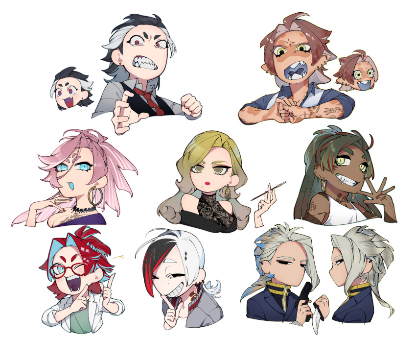 2girls 6+boys arm_tattoo black_eyes black_hair blonde_hair blue_eyes blue_hair brothers brown_hair burn_scar chibi clenched_teeth closed_mouth colored_inner_hair commentary dagger dark-skinned_male dark_skin ear_piercing earrings fangs fingernails fist_in_hand glasses green_eyes green_hair grin gun handgun hands_up highres holding holding_dagger holding_gun holding_knife holding_smoking_pipe holding_weapon hoop_earrings jewelry kiseru knife long_hair looking_at_viewer looking_back multicolored_hair multiple_boys multiple_girls necklace one_eye_closed open_mouth original piercing pink_hair pointy_ears red_eyes redhead scar scar_on_arm scar_on_face scar_on_neck sharp_fingernails sharp_teeth siblings simple_background slit_pupils smile smoking_pipe snake_tattoo streaked_hair symbol-only_commentary tattoo teeth tentacle_hair twins upper_body vest weapon white_background white_hair yellow_eyes zzb_azz
