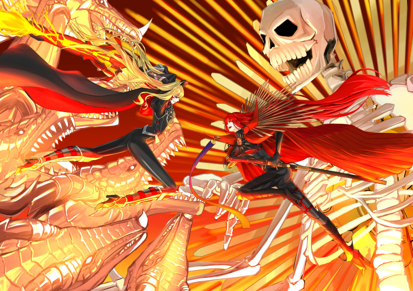 2girls absurdres armor armored_bodysuit armored_boots black_armor black_bodysuit black_gloves black_horns blonde_hair bodysuit boots breasts buster_shirt cape chain clothes_on_shoulders collared_cape dragon_horns facial_mark family_crest fate/grand_order fate_(series) flaming_sword flaming_weapon gloves hair_over_one_eye highres hiyoko_no_tamago horns large_breasts long_hair long_horns medallion multiple_girls nero_claudius_(fate) oda_nobunaga_(fate) oda_nobunaga_(maou_avenger)_(fate) oda_uri pointy_ears popped_collar queen_draco_(fate) queen_draco_(third_ascension)_(fate) red_cape red_eyes red_scales redhead shoulder_plates smile sword tight_top very_long_hair wavy_hair weapon