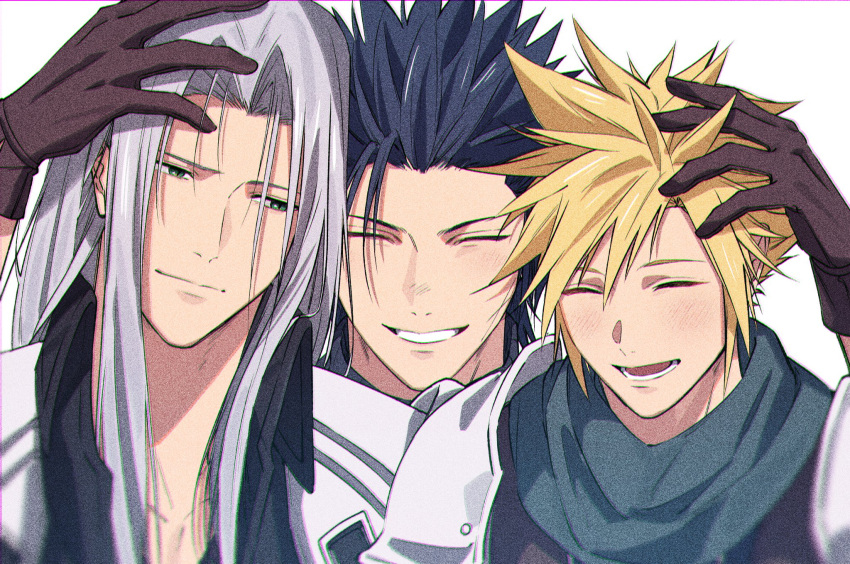 3boys armor black_coat black_hair blonde_hair blurry blush brown_gloves closed_eyes cloud_strife coat commentary crisis_core_final_fantasy_vii depth_of_field final_fantasy final_fantasy_vii gloves green_eyes green_scarf grey_hair grin hair_slicked_back hand_on_another's_head happy high_collar highres light_smile long_bangs long_hair male_focus multiple_boys open_mouth parted_bangs pauldrons sad_smile scarf sephiroth shinra_infantry_uniform short_hair shoulder_armor slit_pupils smile solo spiky_hair upper_body white_background yunyunonigiri zack_fair