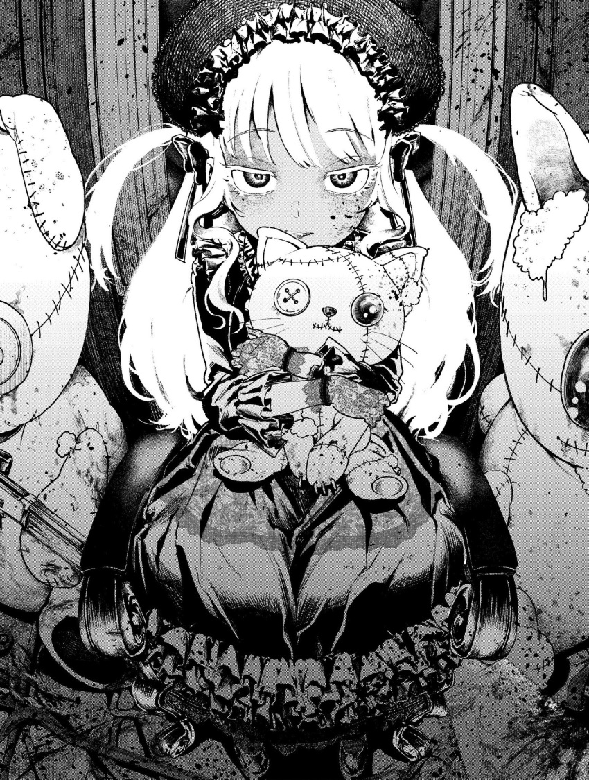 1girl bonnet dress expressionless frilled_dress frills gloves greyscale highres holding holding_stuffed_toy lolita_fashion long_hair looking_at_viewer monochrome morimoto_atsushi original sitting solo stuffed_animal stuffed_cat stuffed_toy two_side_up