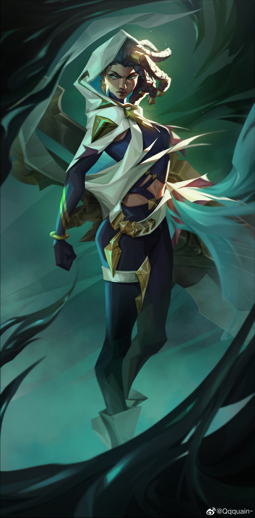 1girl absurdres artist_name black_bodysuit black_hair bodysuit braid cape clenched_hand dark-skinned_female dark_skin full_body green_background grey_cape highres holding holding_weapon hood hood_up hooded_cape league_of_legends long_hair looking_at_viewer qqquain senna_(league_of_legends) smoke solo weapon
