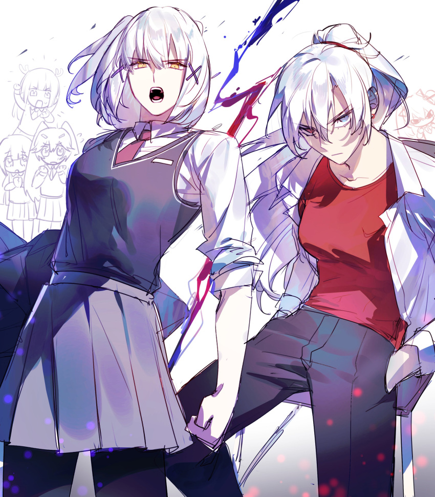 5girls absurdres alpha_(punishing:_gray_raven) alternate_costume antlers black_pants black_pantyhose black_sweater_vest blue_eyes closed_mouth collared_shirt commentary_request delinquent diana_(punishing:_gray_raven) grey_hair grey_skirt hair_ornament hands_in_pockets heterochromia highres horns jsuwbsg liv_(punishing:_gray_raven) lucia:_crimson_weave_(punishing:_gray_raven) lucia:_plume_(punishing:_gray_raven) lucia_(punishing:_gray_raven) multiple_girls necktie open_mouth pants pantyhose pleated_skirt punishing:_gray_raven red_eyes red_necktie red_shirt rosetta_(punishing:_gray_raven) shirt side_ponytail skirt small_horns sweater_vest twintails white_shirt wide_ponytail x_hair_ornament yellow_eyes
