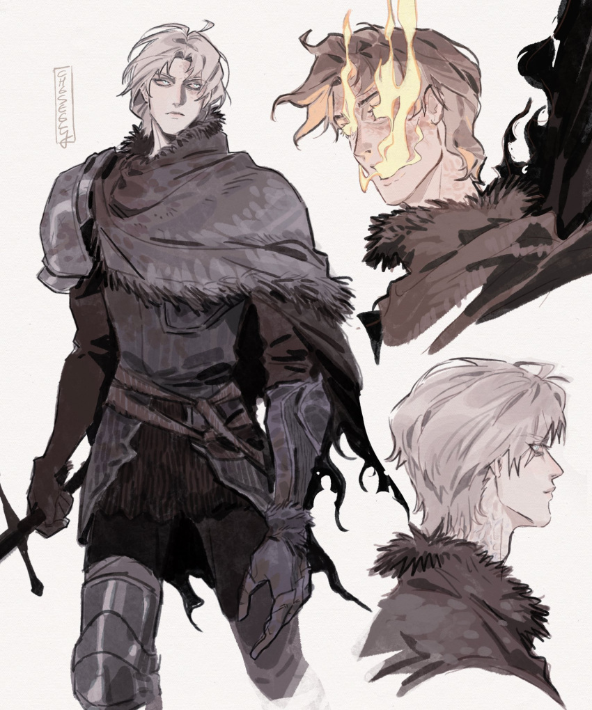 1boy armor cheseely commentary elden_ring english_commentary gauntlets greaves grey_hair highres holding holding_sword holding_weapon male_focus multiple_views simple_background single_shoulder_pad sword tarnished_(elden_ring) weapon white_background yellow_eyes