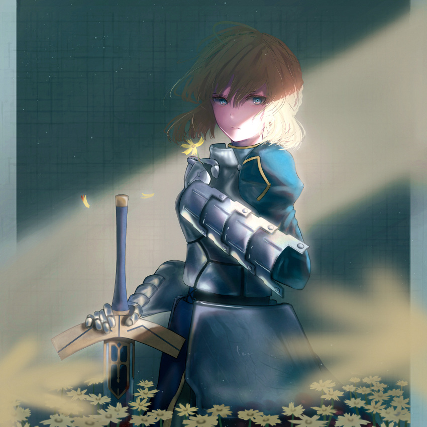 1girl absurdres aqua_eyes armor armored_dress artoria_pendragon_(fate) blonde_hair blue_dress blurry braid braided_bun breastplate cosmos_(flower) crack_of_light depth_of_field dress excalibur_(fate/stay_night) falling_petals fate/grand_order fate/stay_night fate_(series) faulds field flower flower_field gauntlets hair_between_eyes hair_bun highres holding holding_flower holding_sword holding_weapon juliet_sleeves kirei_natuki long_sleeves looking_at_viewer parted_lips petals planted planted_sword puffy_sleeves saber_(fate) sidelocks single_hair_bun solo sword weapon yellow_flower