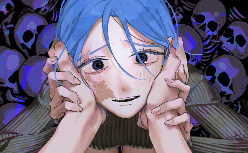 1girl blue_eyeliner blue_eyes blue_hair breasts colored_eyelashes eyeliner hair_between_eyes hands_on_another's_face highres holding holding_hands looking_at_viewer makeup open_mouth original scar scar_across_eye scar_on_cheek scar_on_face sitting skull smile solo yasutatsu_(amazu)