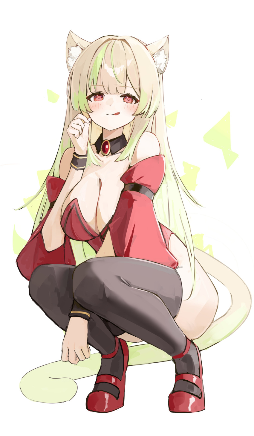 1girl absurdres animal_ears blonde_hair cat_ears commission detached_sleeves green_hair highres licking_lips long_hair looking_at_viewer multicolored_hair original red_eyes shiro_wa_(shiroshironix) skeb_commission solo squatting tail thigh-highs tongue tongue_out
