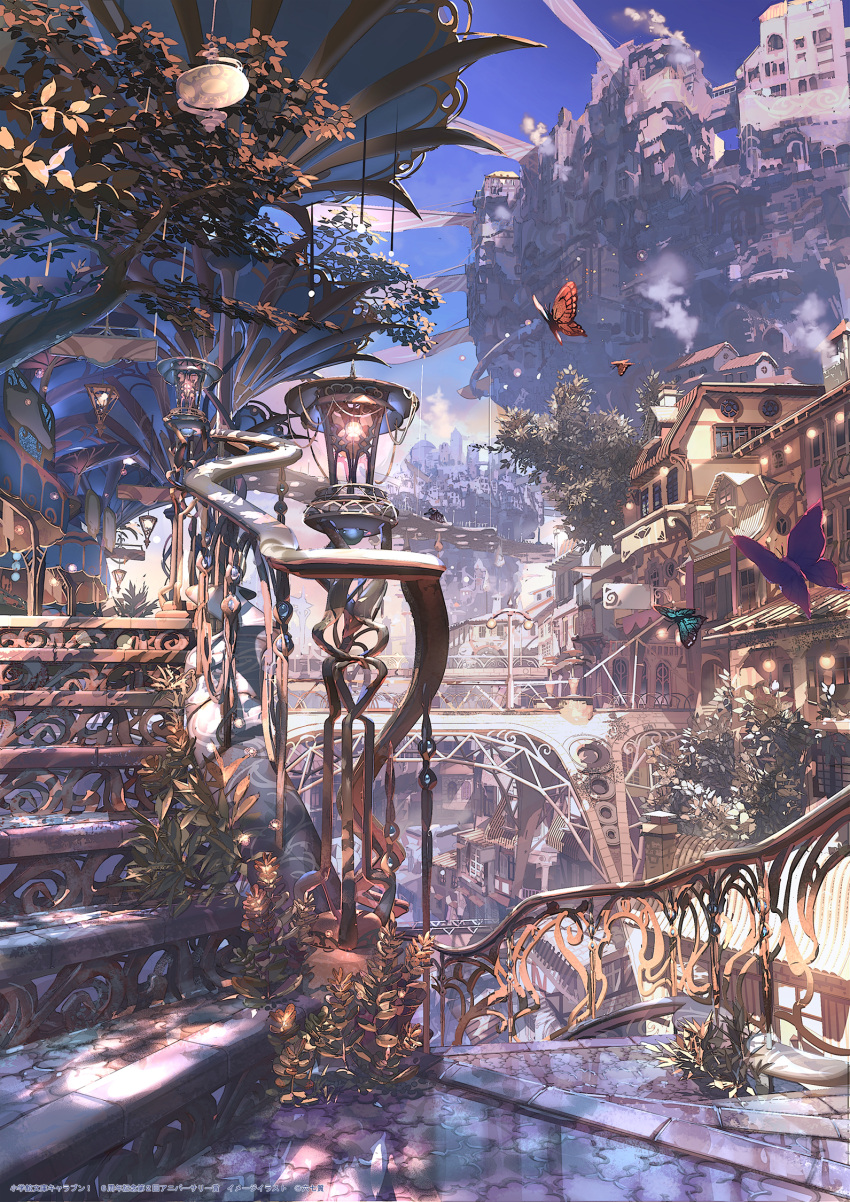 blue_butterfly blue_sky bug building butterfly cityscape dappled_sunlight day fantasy floating_city hanging_lantern highres lantern leaf monarch_butterfly munashichi no_humans orange_butterfly original outdoors plant purple_butterfly railing road scenery sign sky stairs street sunlight
