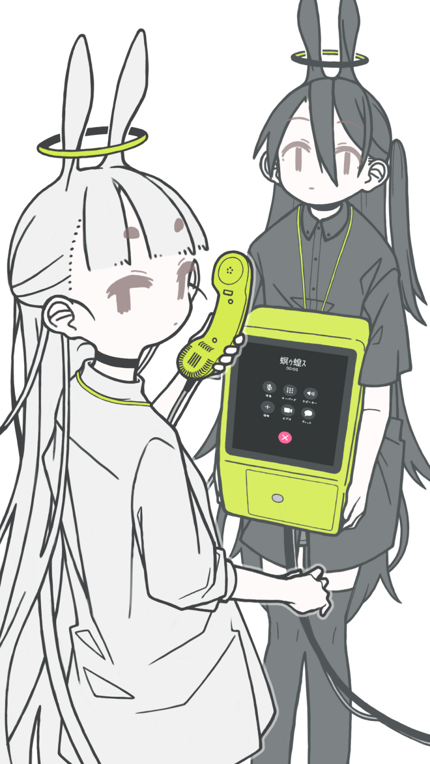 2girls animal_ears black_choker black_dress black_hair black_thighhighs black_vs_white blunt_bangs buttons choker closed_mouth collared_dress commentary_request corded_phone dress expressionless grey_dress grey_eyes grey_hair hair_between_eyes halo highres hikimayu holding holding_phone long_hair looking_at_viewer looking_back mojibake_text multiple_girls one_side_up original over-kneehighs payphone phone rabbit_ears short_dress short_sleeves simple_background standing thigh-highs touchscreen uewtsol very_long_hair white_background