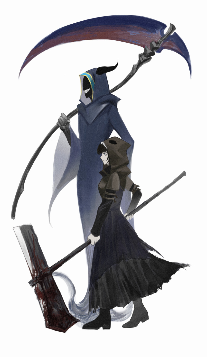 1boy 1girl axe black_dress black_footwear black_souls blood blood_on_weapon blue_cloak boots clenched_teeth cloak dress faceless faceless_male full_body grin hand_up hein_(black_souls) highres holding holding_axe holding_scythe hood hood_up hooded_cloak hooded_dress long_sleeves looking_to_the_side miranda_(black_souls) scythe sharp_teeth simple_background sio2_(whynotkarma) smile teeth weapon white_background wide_sleeves