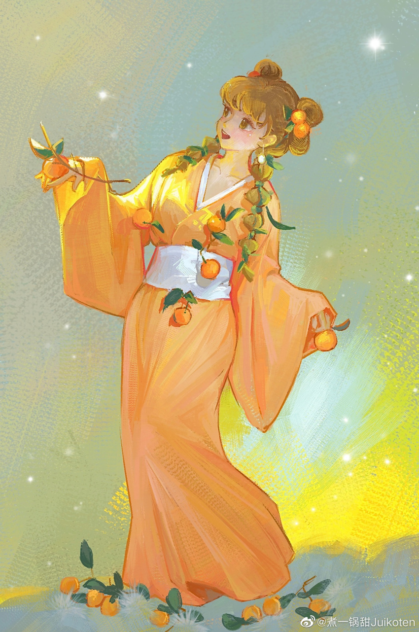 1girl branch brown_eyes brown_hair chinese_commentary double_bun food-themed_hair_ornament full_body hair_bun hair_ornament highres holding_orange long_hair long_sleeves looking_afar open_mouth orange_hair_ornament orange_robe original robe sash solo standing teeth twintails weibo_watermark white_sash zhu_yiguo_tian