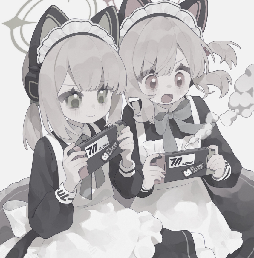 2girls absurdres animal_ear_headphones animal_ears apron black_dress blonde_hair blue_archive blush closed_mouth dress fake_animal_ears frilled_apron frills green_eyes green_halo halo handheld_game_console headphones highres holding holding_handheld_game_console long_sleeves maid_apron midori_(blue_archive) midori_(maid)_(blue_archive) momoi_(blue_archive) momoi_(maid)_(blue_archive) multiple_girls nintendo_switch official_alternate_costume open_mouth pink_halo playing_games rcs_4 red_eyes short_hair siblings sisters smile twins white_apron