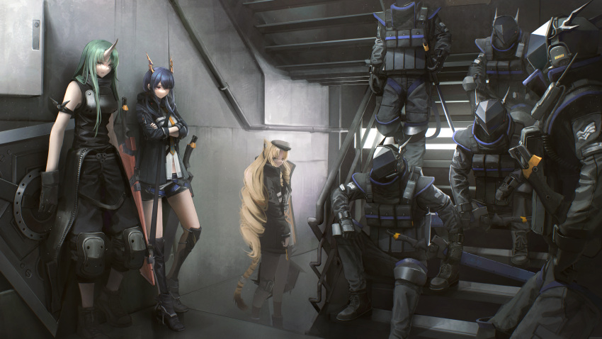 3girls 5others :| absurdres against_wall arknights armor black_footwear black_gloves black_jacket black_pants black_shirt blonde_hair blue_hair boots breastplate bulletproof_vest ch'en_(arknights) closed_mouth covered_face crossed_arms drill_hair expressionless facing_another fingerless_gloves gloves greaves green_hair headset helmet highres holding holding_shield holding_sword holding_weapon horns hoshiguma_(arknights) jacket knee_pads kusami_toka_naku_au long_hair long_sleeves looking_at_another looking_at_viewer lungmen_guard microphone multiple_girls multiple_others pants pants_rolled_up parted_lips pauldrons railing red_eyes shield shirt shoulder_armor single_horn sitting sitting_on_stairs sleeveless sleeveless_shirt stairs stairwell swire_(arknights) sword very_long_hair weapon