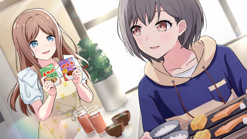 2girls apron bang_dream! bang_dream!_it's_mygo!!!!! blue_eyes blue_hoodie blush bowl brown_hair commentary_request cup drawstring drinking_glass dutch_angle fish_(food) food furikake_(food) grey_hair highres holding holding_tray hood hoodie indoors long_hair looking_at_another miso_soup multiple_girls nagasaki_soyo novi_visual omelet open_mouth parted_lips plant potted_plant red_eyes rice shirt short_hair smile sparkle takamatsu_tomori tamagoyaki tray white_shirt yellow_apron