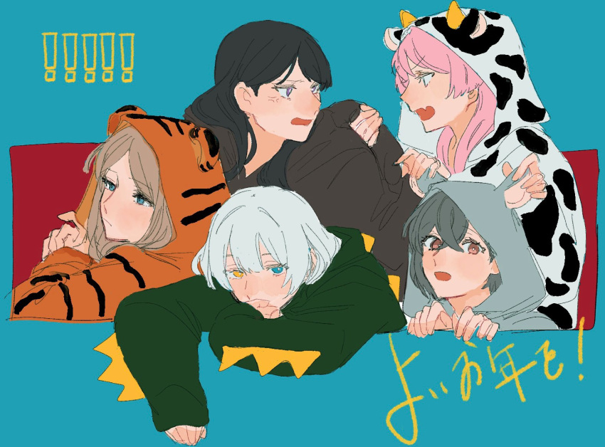 5girls anger_vein animal_costume animal_print bang_dream! bang_dream!_it's_mygo!!!!! black_hair blue_background blue_eyes brown_hair chihaya_anon closed_mouth commentary_request cow_costume fang green_hoodie grey_hair heterochromia hood hoodie kaname_raana looking_at_another looking_at_viewer moyo_(moyo_4) multiple_girls mygo!!!!!_(bang_dream!) nagasaki_soyo onesie open_mouth pajamas pink_hair red_background red_eyes shiina_taki short_hair skin_fang takamatsu_tomori tiger_costume tiger_print two-tone_background violet_eyes white_hair yellow_eyes