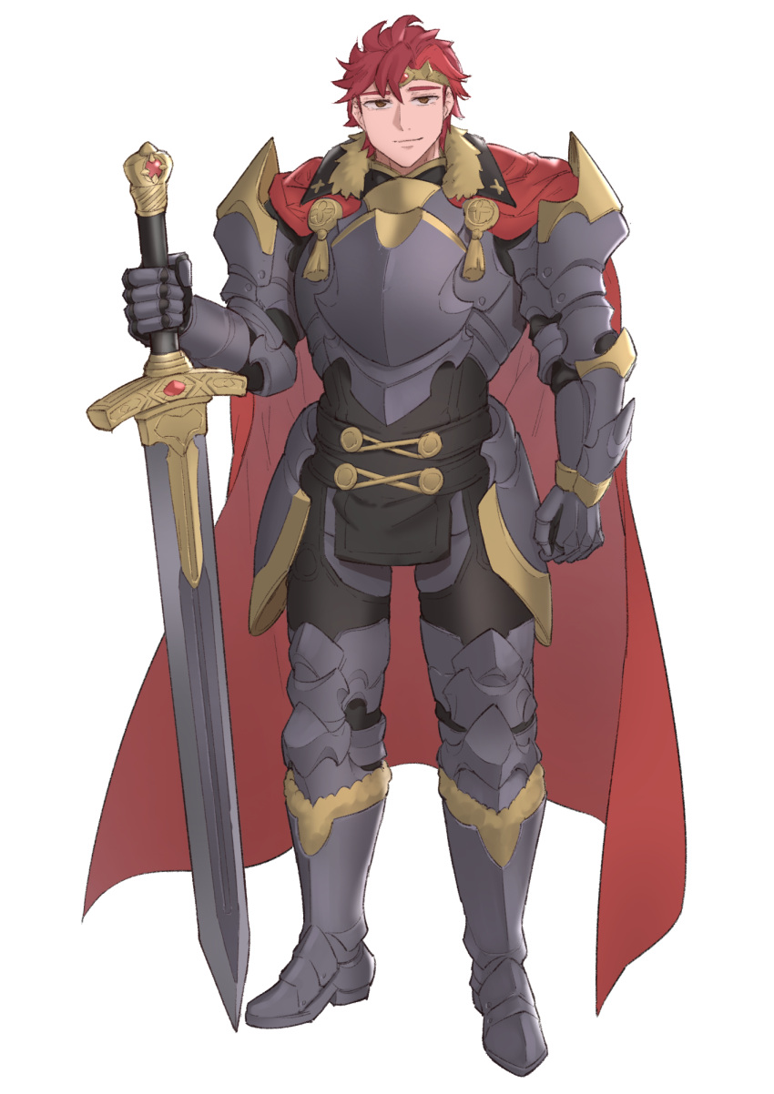 1boy amor armor armored_boots boots cape diamant_(fire_emblem) ebinku fire_emblem fire_emblem_engage full_body fur_trim gloves highres holding holding_sword holding_weapon king looking_at_viewer male_focus red_eyes redhead short_hair shoulder_armor simple_background smile sword weapon white_background