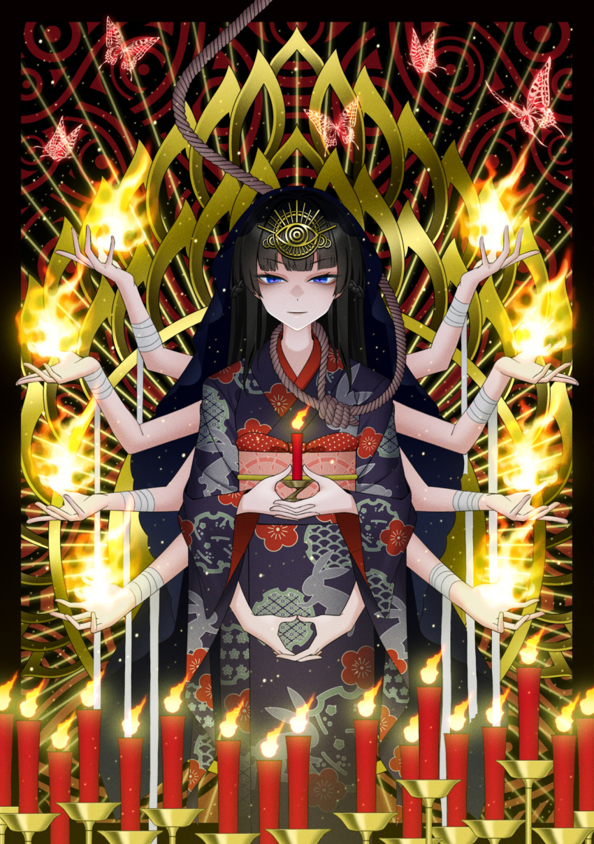 1girl abstract_background bandaged_wrist bandages black_background black_border black_hair black_kimono blue_eyes border buddhism bug butterfly candle candlestand closed_mouth commentary_request extra_arms feet_out_of_frame fire floral_print_kimono half-closed_eyes highres hinoyama_ena hirabitai holding holding_candle japanese_clothes kimono light_particles long_hair long_sleeves looking_at_viewer nijisanji noose obi obiage obijime pyrokinesis red_background rope_around_neck sash smile solo standing third_eye tsukino_mito tsukino_mito_(12th_costume) two-tone_background virtual_youtuber wide_sleeves