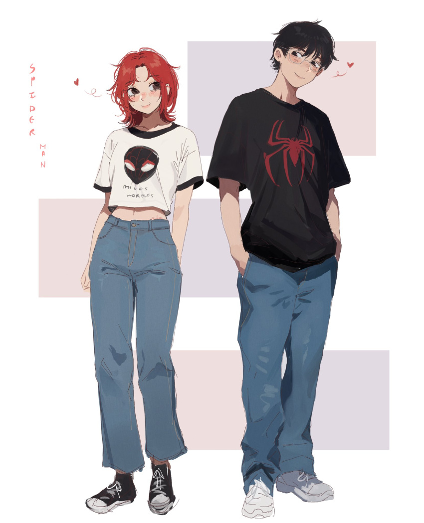 1boy 1girl artist_self-insert black_eyes black_hair blue_pants commentary couple denim english_commentary glasses hands_in_pockets heart highres jeans marvel midriff ms_tsukii navel original pants redhead shirt shoes smile sneakers spider-man_(miles_morales) spider-man_(series) t-shirt vans