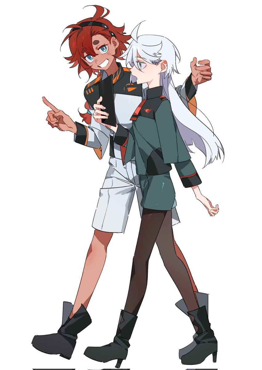 2girls ahoge asticassia_school_uniform black_footwear black_hairband black_pantyhose blue_eyes boots bright_pupils commentary dark-skinned_female dark_skin full_body green_jacket green_shorts grey_eyes grin gundam gundam_suisei_no_majo hairband hands_up hashtag-only_commentary high_heel_boots high_heels highres holding jacket long_hair long_sleeves miorine_rembran molu_stranger multiple_girls necktie open_mouth pantyhose pointing red_necktie redhead school_uniform shorts simple_background smile suletta_mercury thick_eyebrows walking white_background white_hair white_jacket white_pupils white_shorts