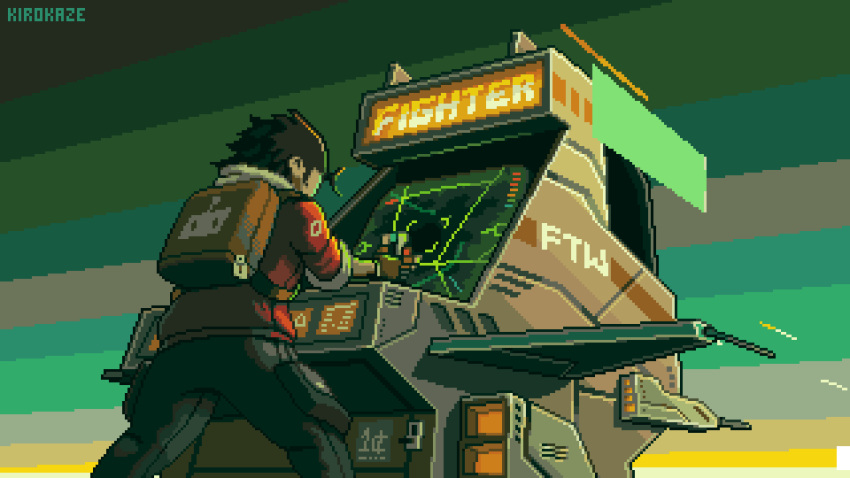 1other aiming aircraft airplane animated animated_gif arcade_cabinet backpack bag black_hair cargo_pants controller english_commentary fighter_jet from_behind hood hood_down jet joystick kirokaze looping_animation military_vehicle original pants pixel_art playing_games short_hair solo video_game
