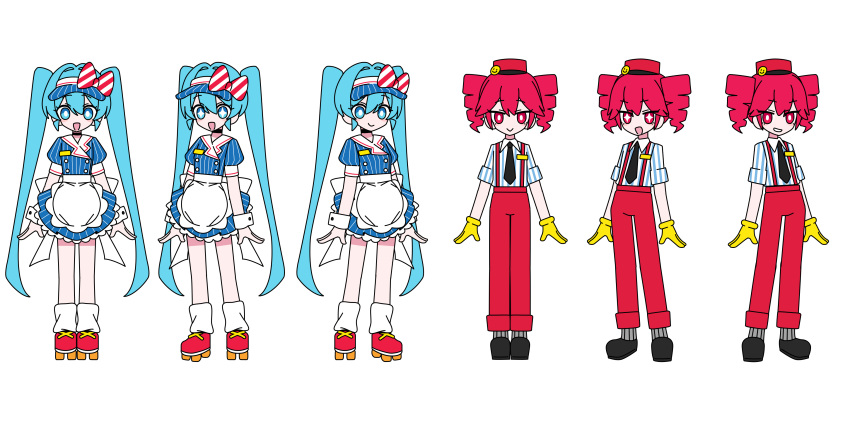 2girls absurdres apron back_bow black_footwear black_necktie blue_dress blue_eyes blue_hair blush_stickers bow channel_(_caststation) collar collared_shirt dress drill_hair frilled_dress frills gloves grey_socks hat hat_bow hatsune_miku highres kasane_teto long_hair loose_socks mesmerizer_(vocaloid) multiple_girls name_tag necktie open_mouth pants puffy_short_sleeves puffy_sleeves red_eyes red_footwear red_hat red_pants redhead reference_sheet roller_skates shirt short_sleeves skates smile smiley_face socks sparkling_eyes striped_bow striped_clothes striped_dress striped_shirt suspenders twin_drills twintails utau vertical-striped_clothes vertical-striped_dress vertical-striped_shirt very_long_hair visor_cap vocaloid waist_apron white_apron white_collar white_socks wrist_cuffs yellow_gloves
