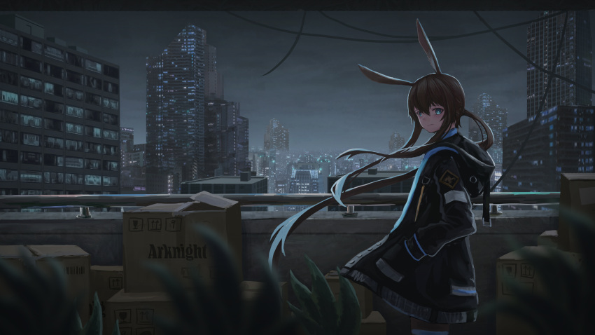 1girl absurdres amiya_(arknights) andy2465 animal_ears aqua_eyes arknights black_jacket blurry blurry_foreground box brown_hair building cardboard_box city_lights cityscape expressionless from_side grey_sky hand_in_pocket handrail highres hood hood_down jacket long_hair long_sidelocks looking_at_viewer night plant ponytail rabbit_ears sidelocks sky skyscraper solo standing very_long_hair