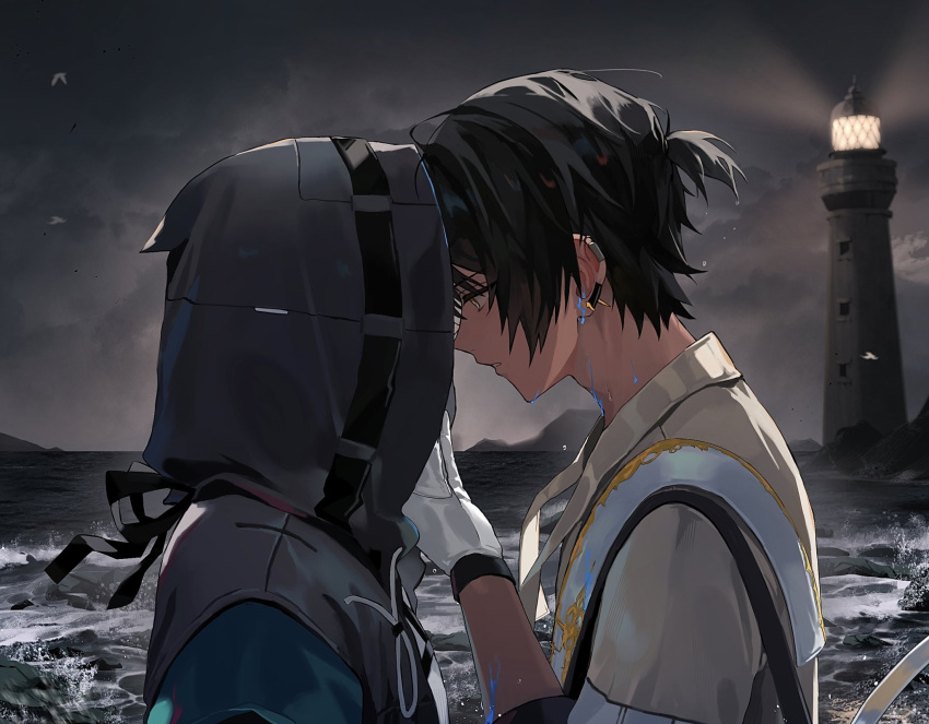 1boy 1other arknights black_hair black_jacket brown_jacket commentary couple dark-skinned_male dark_skin doctor_(arknights) earclip earrings gloves grey_sky hand_on_another's_chin head_tilt highres hishoti_cheese hood hood_up hooded_jacket imminent_kiss jacket jewelry lighthouse mountainous_horizon night night_sky outdoors short_hair short_ponytail sky sleeves_rolled_up thorns_(arknights) waves white_gloves yellow_eyes