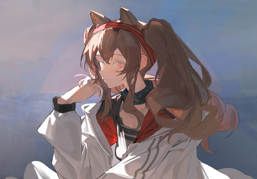 1girl absurdres angelina_(arknights) animal_ears arknights black_collar black_shirt brown_hair coat collar extra_ears fox_ears hairband hand_up highres infection_monitor_(arknights) jacket long_hair long_sleeves looking_at_viewer open_clothes open_jacket parted_lips red_eyes red_hairband rosehip_t72 shirt sidelocks solo twintails upper_body white_coat white_jacket