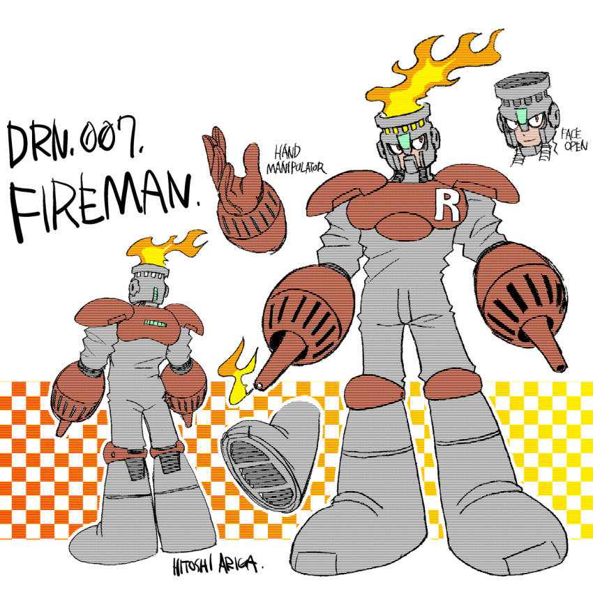 1boy ariga_hitoshi arm_cannon armor artist_name bodysuit boots character_name checkered_background closed_mouth commentary concept_art dual_arm_cannons english_text fire fire_man from_behind full_body grey_bodysuit highres humanoid_robot knee_boots light_smile looking_ahead looking_to_the_side male_focus mask mega_man_(classic) mega_man_(series) mega_man_1 mega_man_megamix no_humans orange_background orange_eyes red_armor reference_sheet robot scanlines shoe_soles shoulder_armor simple_background standing three_quarter_view weapon white_background yellow_background