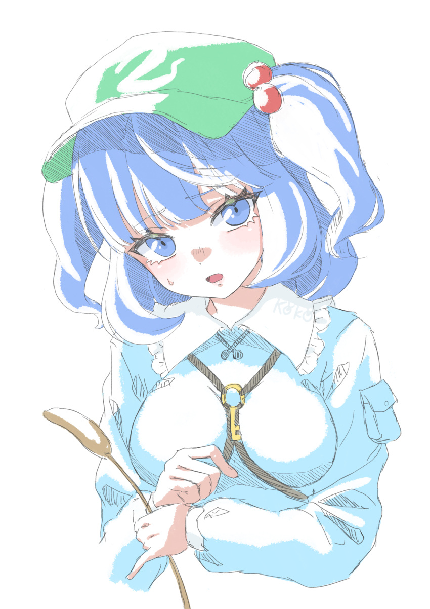 0002koko 1girl absurdres blue_eyes blue_hair blue_jacket blunt_bangs blush breasts commentary_request cropped_torso eyelashes frilled_shirt_collar frills frown green_hat hat head_tilt highres huge_breasts jacket kawashiro_nitori key large_breasts long_sleeves looking_at_viewer medium_hair o-ring open_mouth peaked_cap shy signature simple_background sketch solo sweatdrop touhou tsurime two_side_up upper_body upturned_eyes white_background