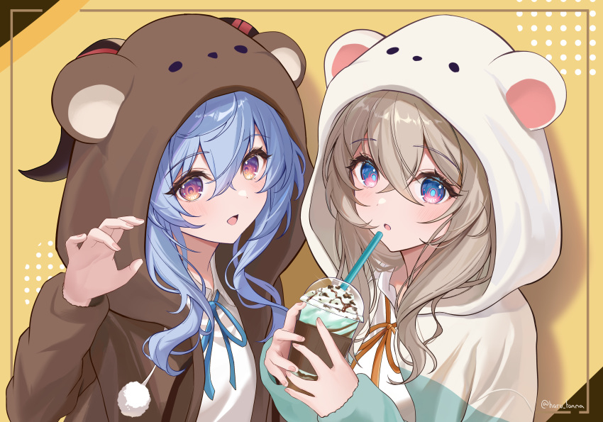 2girls :o absurdres alternate_costume animal_hood artist_name blonde_hair blue_eyes blue_hair blue_ribbon brown_pajamas commentary company_connection crossed_bangs crossover cup disposable_cup drinking_straw firefly_(honkai:_star_rail) ganyu_(genshin_impact) genshin_impact goat_horns hair_between_eyes hand_up hands_up harukix highres holding holding_cup honkai:_star_rail honkai_(series) hood hood_up hooded_pajamas horns long_hair long_sleeves looking_at_viewer mihoyo milkshake multicolored_eyes multiple_girls neck_ribbon open_mouth open_pajamas orange_ribbon pajamas pink_eyes pom_pom_(clothes) ribbon shirt upper_body violet_eyes white_pajamas white_shirt