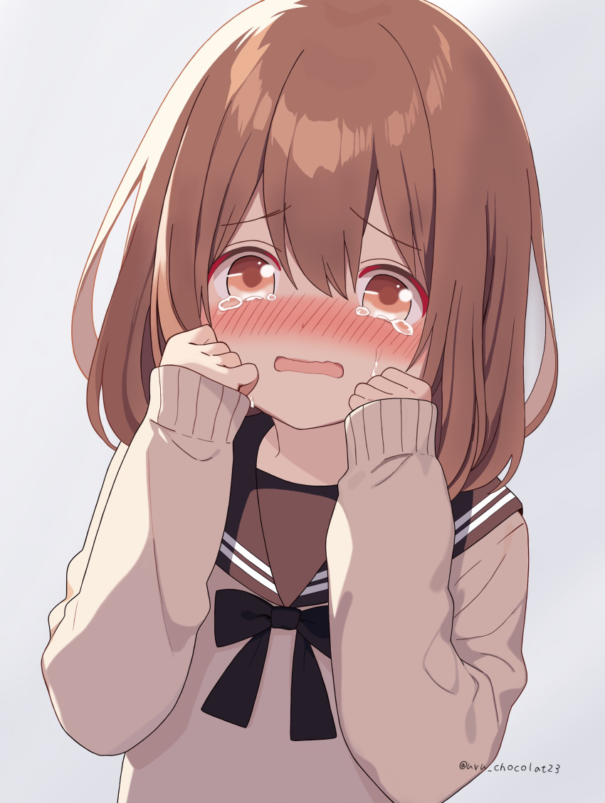 1girl absurdres black_bow blush bow brown_eyes brown_hair hair_between_eyes hands_on_own_cheeks hands_on_own_face highres long_sleeves open_mouth school_uniform short_hair signature simple_background tearing_up tears uniform upper_body uru_aoi23