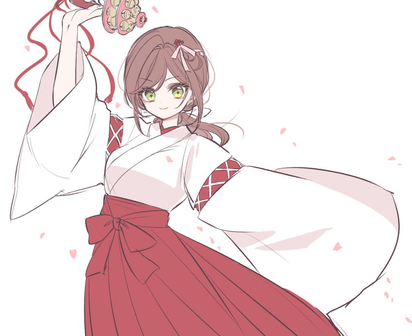 1girl brown_hair closed_mouth coto_notte gohei green_eyes hair_ornament hakama holding holding_gohei japanese_clothes kimono long_hair long_sleeves looking_at_viewer miko petals red_hakama rosa_(tears_of_themis) simple_background smile solo tears_of_themis white_background white_kimono wide_sleeves