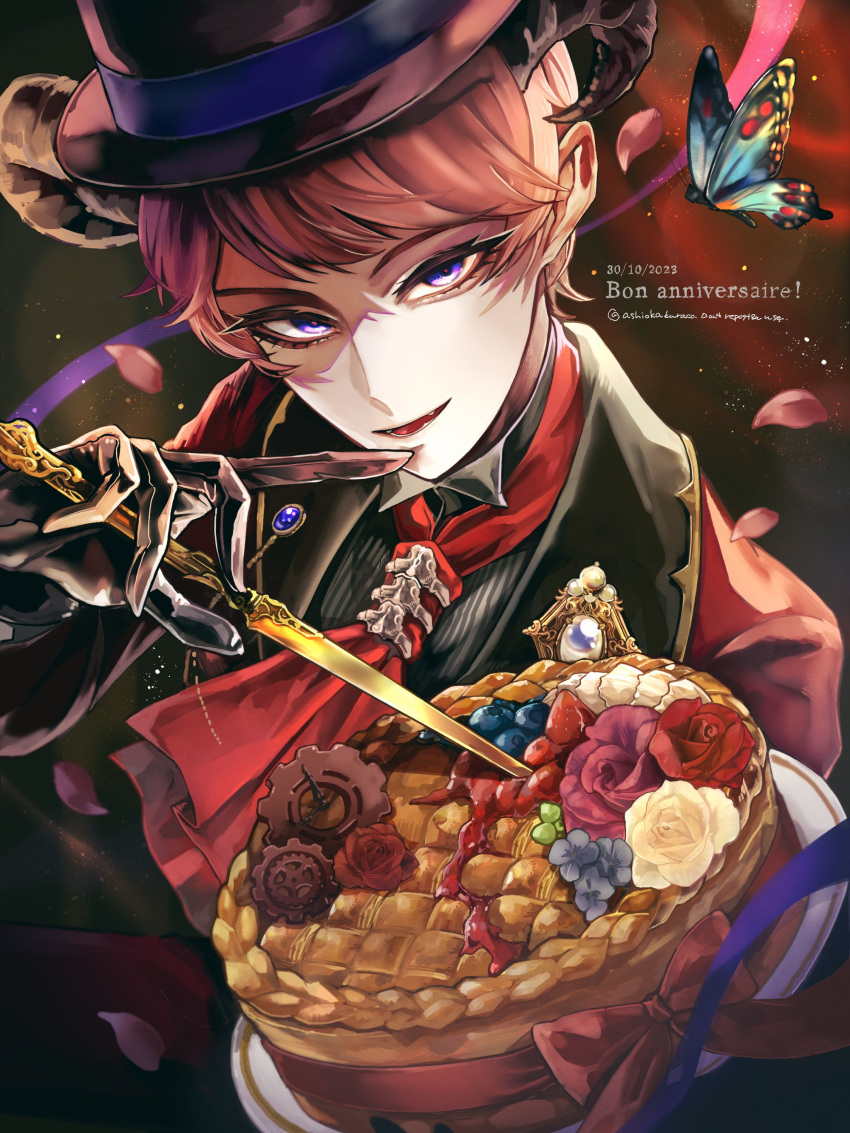 1boy absurdres anniversary ascot ashioka_kuraco black_background black_gloves black_hat black_horns black_shirt blue_butterfly blueberry bug butterfly chocolate cowboy_shot curled_horns dated dress_shirt ensemble_stars! falling_petals flower food food_art fruit gears gloves hat highres holding holding_knife horns itsuki_shu jacket jam knife lapel_pin lapels light_particles long_sleeves looking_at_viewer male_focus pants parted_lips petals pie pink_flower pink_hair pink_rose purple_flower red_ascot red_flower red_jacket red_pants red_ribbon red_rose ribbon rose shawl_lapels shirt short_bangs short_hair sitting smile strawberry top_hat violet_eyes whipped_cream white_flower white_rose