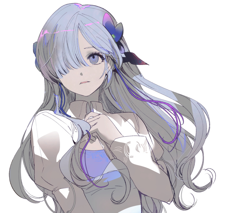 1girl commentary_request fresa_pie grey_hair hair_over_one_eye hand_on_own_chest highres isekai_joucho kamitsubaki_studio long_hair long_sleeves one_eye_covered parted_lips purple_ribbon ribbon shirt simple_background solo upper_body violet_eyes white_background white_shirt
