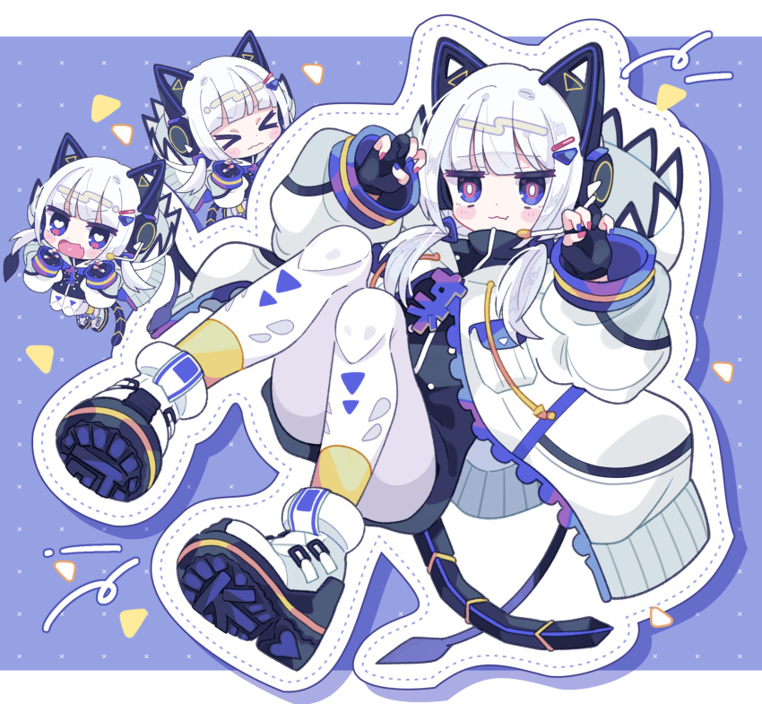 1girl :3 aeruusa animal_ear_headphones animal_ears black_gloves black_shirt blue_background blue_eyes blue_nails blunt_bangs blush border bright_pupils cat_ear_headphones cat_ears cat_tail cevio chibi chibi_inset closed_eyes closed_mouth commentary_request curled_up fake_animal_ears fake_tail fang full_body gloves hair_ornament hairclip hands_up headphones high_collar highres hood hood_down hooded_jacket jacket kafu_(cevio) kamitsubaki_studio leggings long_sleeves low_twintails multicolored_eyes open_mouth outline partially_fingerless_gloves red_eyes red_nails shirt shoes short_hair skin_fang sneakers tail twintails white_border white_footwear white_hair white_jacket white_leggings white_outline white_pupils wide_sleeves zipper zipper_pull_tab