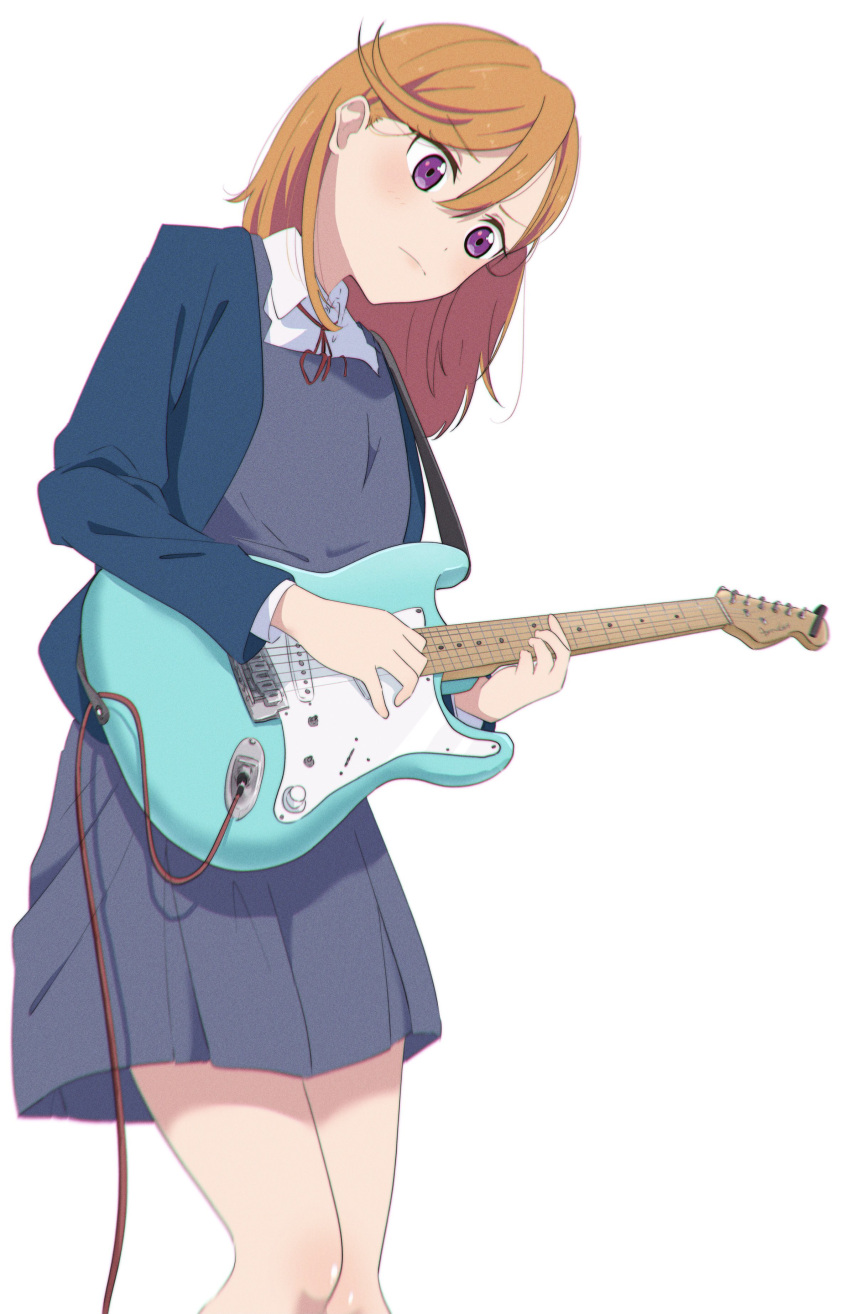 1girl absurdres blue_jacket closed_mouth collared_shirt commentary_request dress electric_guitar fujimiz_511 grey_dress guitar hair_between_eyes highres holding holding_instrument instrument jacket leaning long_sleeves looking_down love_live! love_live!_superstar!! medium_hair neck_ribbon open_clothes open_jacket orange_hair pinafore_dress red_ribbon ribbon school_uniform shibuya_kanon shirt sleeveless sleeveless_dress solo standing upper_body violet_eyes white_background white_shirt winter_uniform yuigaoka_school_uniform