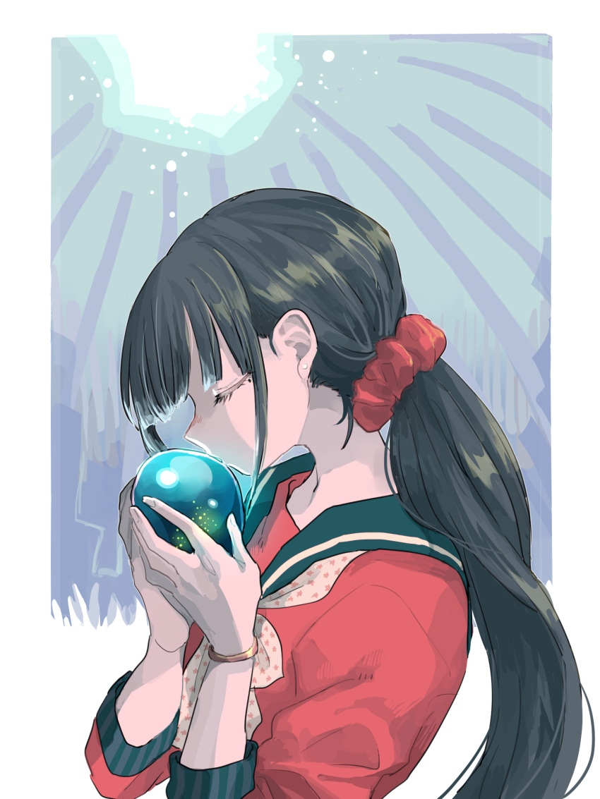 1girl ball black_hair black_sailor_collar blunt_bangs border bow bowtie check_spoilers closed_eyes collared_shirt commentary_request danganronpa_(series) danganronpa_v3:_killing_harmony eyelashes fingernails from_side gold_bracelet grass hair_ornament hair_scrunchie harukawa_maki highres holding holding_ball kissing_object light long_hair long_sleeves low_twintails mole mole_under_eye outside_border polka_dot_bowtie red_scrunchie red_shirt red_sleeves ruins sailor_collar sailor_shirt sarami_(sa_rami30) scrunchie shirt sleeves_past_elbows solo spoilers twintails upper_body very_long_hair white_border white_bow white_bowtie