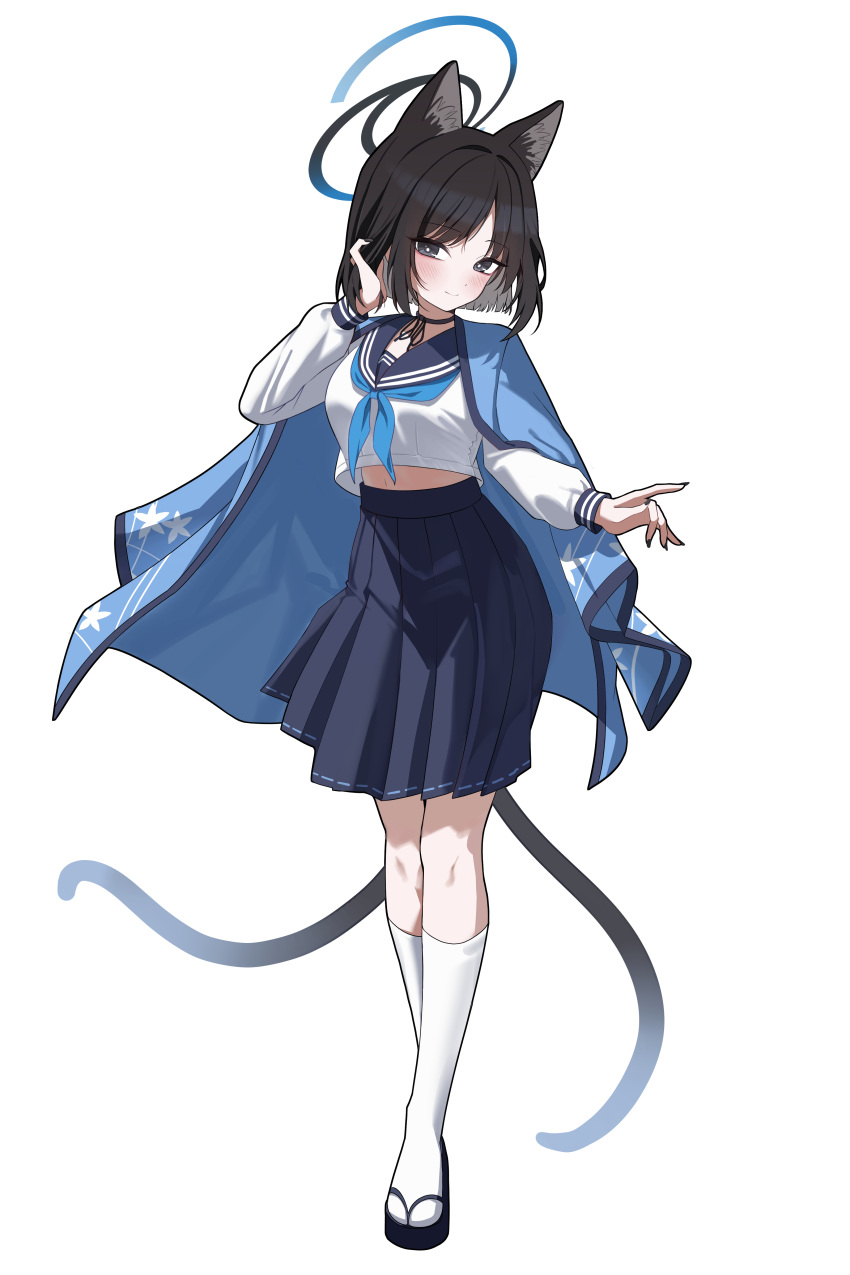 1girl absurdres animal_ears black_eyes black_hair black_sailor_collar black_skirt blue_archive blue_halo blue_neckerchief blush breasts cat_ears cat_tail closed_mouth full_body halo haori highres japanese_clothes kikyou_(blue_archive) long_sleeves looking_at_viewer medium_breasts multiple_tails neckerchief pleated_skirt sailor_collar school_uniform serafuku short_hair simple_background skirt smile socks solo tail two_tails white_background white_socks winterflower