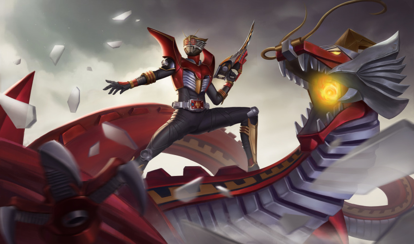 1boy absurdres armor belt bodysuit breath_weapon breathing_fire commentary_request dragon dragreder eastern_dragon finishing_move fire full_body gloves highres holding holding_weapon kamen_rider kamen_rider_ryuki kamen_rider_ryuki_(series) kamen_rider_ryuki_survive looking_at_viewer male_focus on_animal open_mouth red_eyes solo standing tokusatsu weapon xiao_xuan_di yellow_eyes