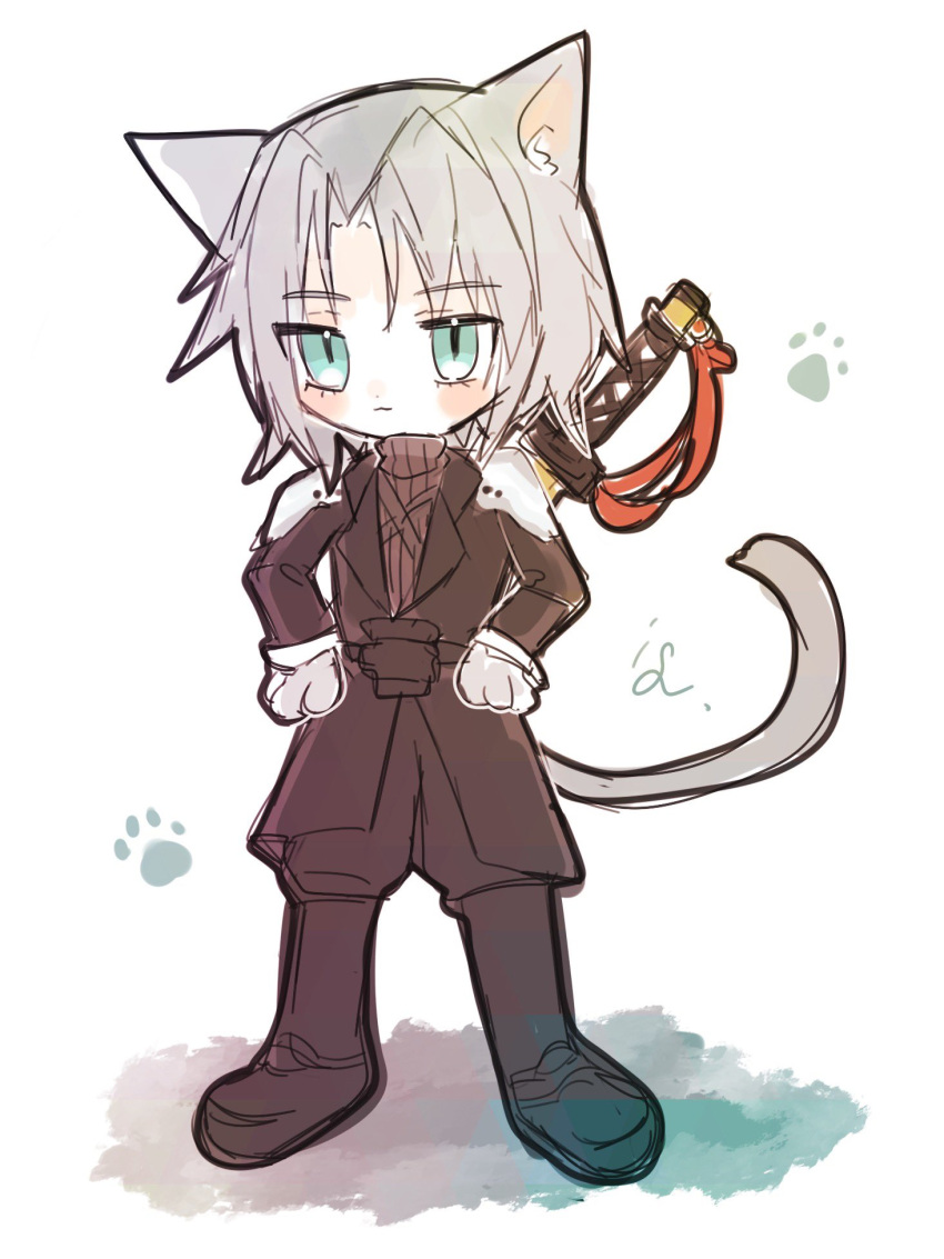 1boy :3 aged_down animal_ears animal_hands armor belt black_belt black_coat black_footwear black_pants blush_stickers boots cat_boy cat_ears cat_tail chest_strap chibi coat commentary_request final_fantasy final_fantasy_vii final_fantasy_vii_ever_crisis green_eyes grey_hair hands_on_own_hips highres katana kemonomimi_mode knee_boots light_smile long_sleeves male_focus medium_hair pants pauldrons paw_print plamt_cat sephiroth shadow shoulder_armor signature solo standing sweater sword sword_on_back tail turtleneck turtleneck_sweater weapon weapon_on_back white_background
