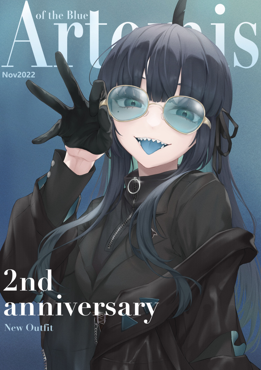 1girl 2022 a9_(repainter) absurdres adjusting_eyewear alternate_costume anniversary artemis_of_the_blue atelier_live black_gloves blue_background blue_eyes blue_tongue blunt_bangs character_name colored_tongue english_text gloves hair_ribbon highres long_hair mole mole_under_eye november off-shoulder_jacket off_shoulder ribbon shark_fin shark_girl sidelocks solo sunglasses tongue tongue_out virtual_youtuber zipper