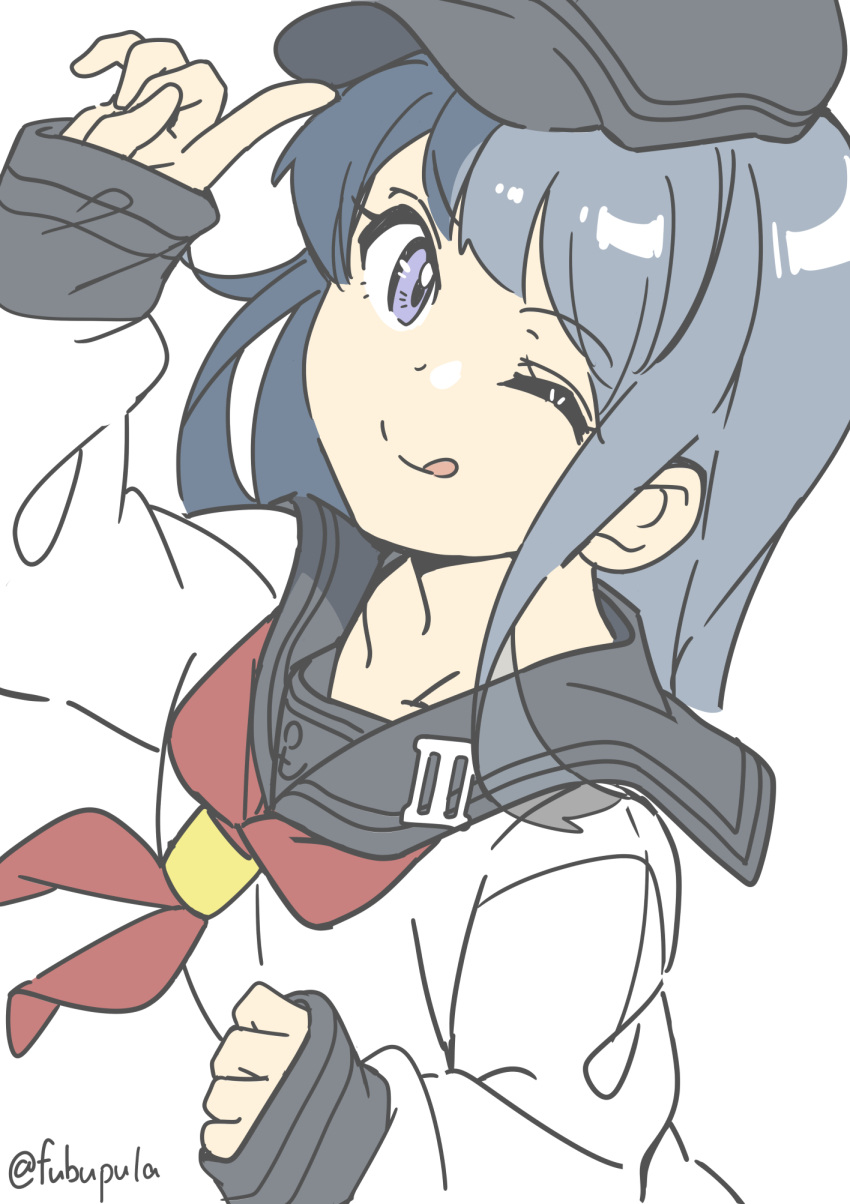 1girl :q akatsuki_(kancolle) akatsuki_kai_ni_(kancolle) black_hair black_hat black_sailor_collar blue_hair fubupula hat highres kantai_collection long_hair long_sleeves looking_at_viewer neckerchief one-hour_drawing_challenge one_eye_closed red_neckerchief sailor_collar school_uniform serafuku simple_background sleeves_past_wrists solo tongue tongue_out twitter_username upper_body violet_eyes white_background
