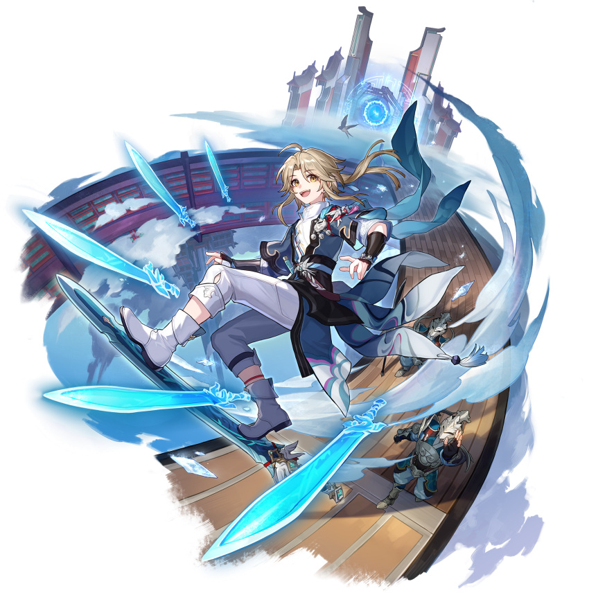 1boy ahoge ankle_boots bell bird blonde_hair boots full_body game_cg highres honkai:_star_rail honkai_(series) jingle_bell non-web_source official_art open_mouth pants shirt sword teeth transparent_background upper_teeth_only weapon white_footwear white_pants white_shirt yanqing_(honkai:_star_rail) yellow_eyes