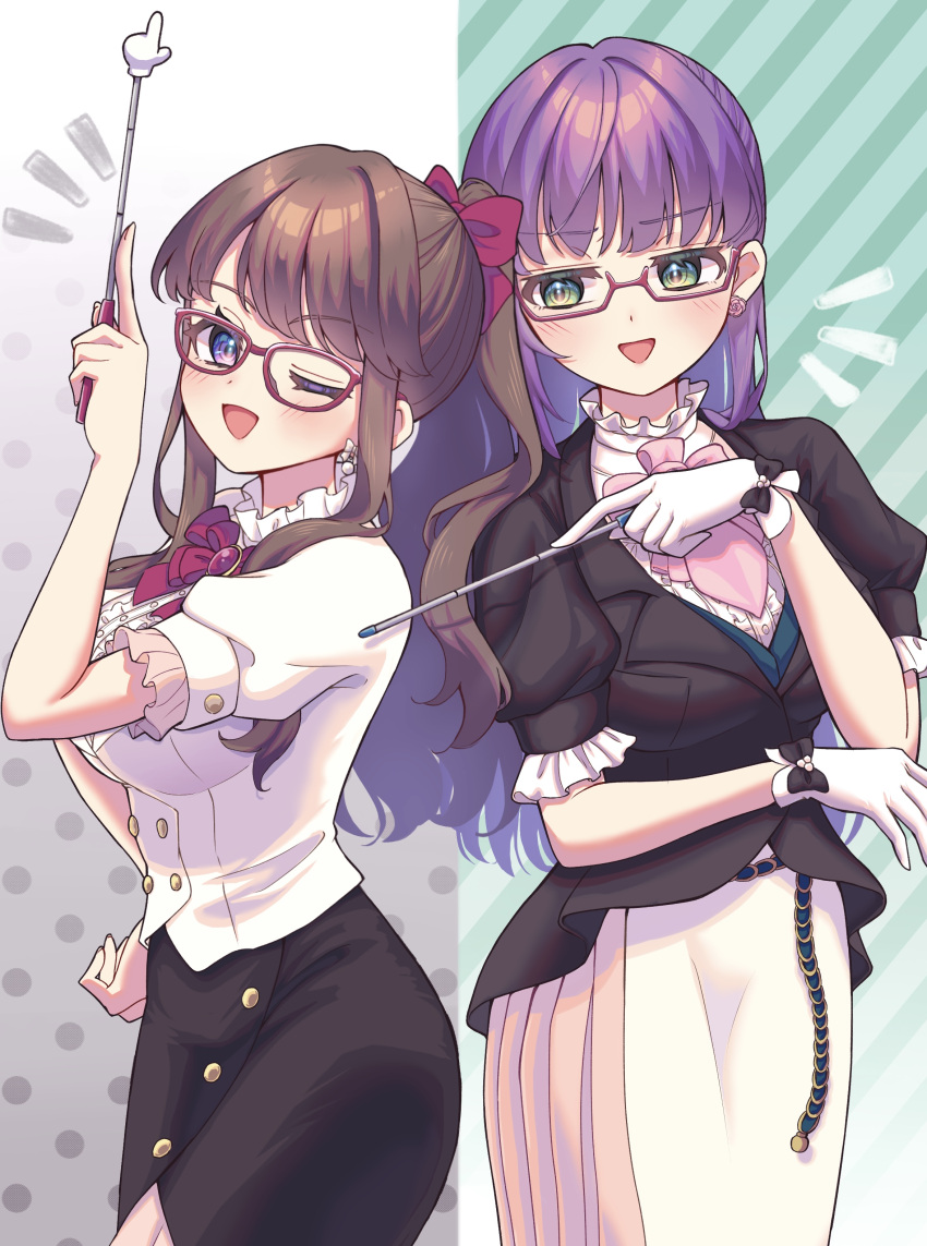 2girls :d ;d absurdres bespectacled black_jacket black_skirt blush bow bow_earrings bowtie breasts brown_hair buttons commentary_request double-breasted earrings flower_earrings frilled_shirt frills fujishima_megumi glaring glasses gloves gradient_background green_background green_eyes grey_background hair_bow half_updo hand_on_own_hip hand_up highres hiyori_(20hiyori727) holding holding_pointer jacket jewelry large_breasts link!_like!_love_live! long_hair looking_at_another looking_at_viewer love_live! medium_breasts multicolored_background multiple_girls notice_lines official_alternate_costume official_alternate_hairstyle one_eye_closed open_mouth otomune_kozue partial_commentary pink_bow pink_bowtie pointer pointing pointing_at_another pointing_up polka_dot polka_dot_background ponytail puffy_short_sleeves puffy_sleeves purple_hair red-framed_eyewear red_bow red_bowtie semi-rimless_eyewear shirt short_sleeves sidelocks single_sidelock skirt smile striped_background under-rim_eyewear violet_eyes virtual_youtuber white_background white_gloves white_jacket white_shirt white_skirt