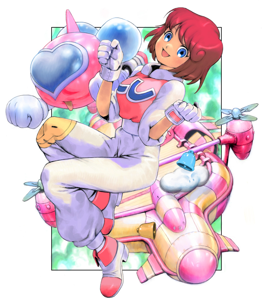 1girl absurdres aircraft blue_eyes blush full_body gloves highres looking_at_viewer open_mouth pastel_(twinbee) pilot_suit redhead robot short_hair smile solo twinbee twinbee_(character) yasuda_akira